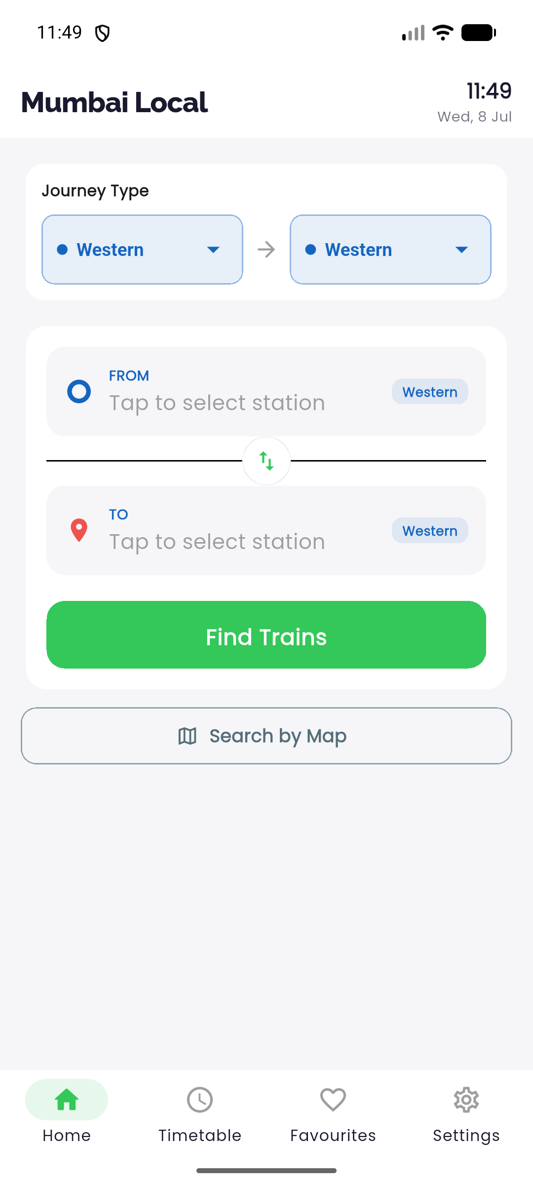 Mumbai Local home screen
